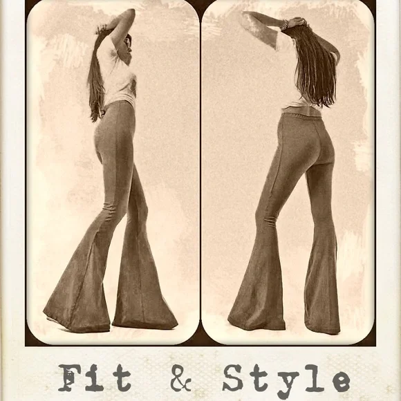 LONG LENGTH High Waisted Black Bell Bottom Pants Boho Hippie Rocker Flares Pants - Picture 6 of 8